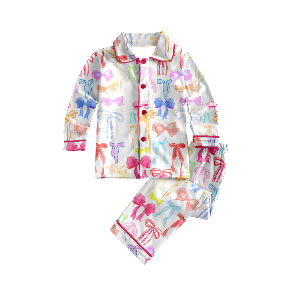 GLP2076 White long-sleeved and long-pants pajama set with colorful bow pattern