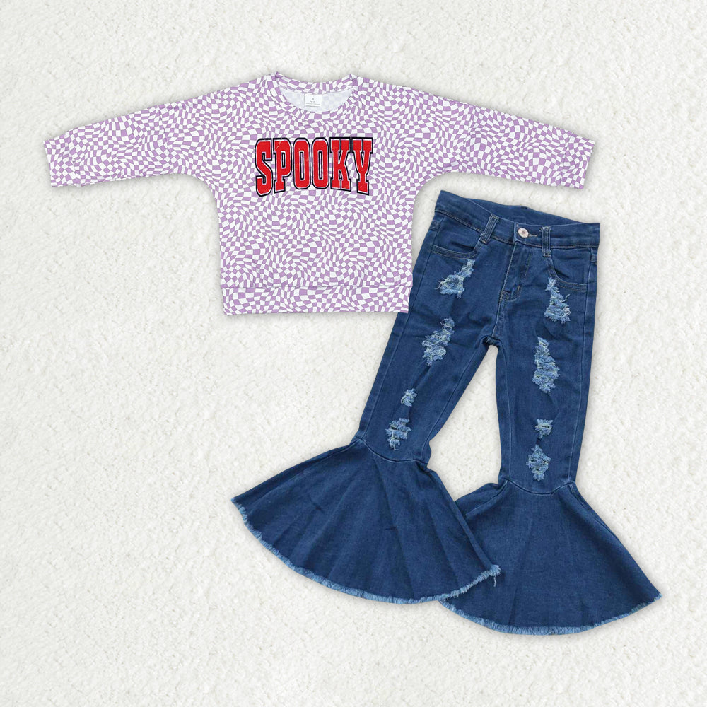 GLP2078 Baby Girls Halloween Spooky Top Denim Pants Clothes Sets