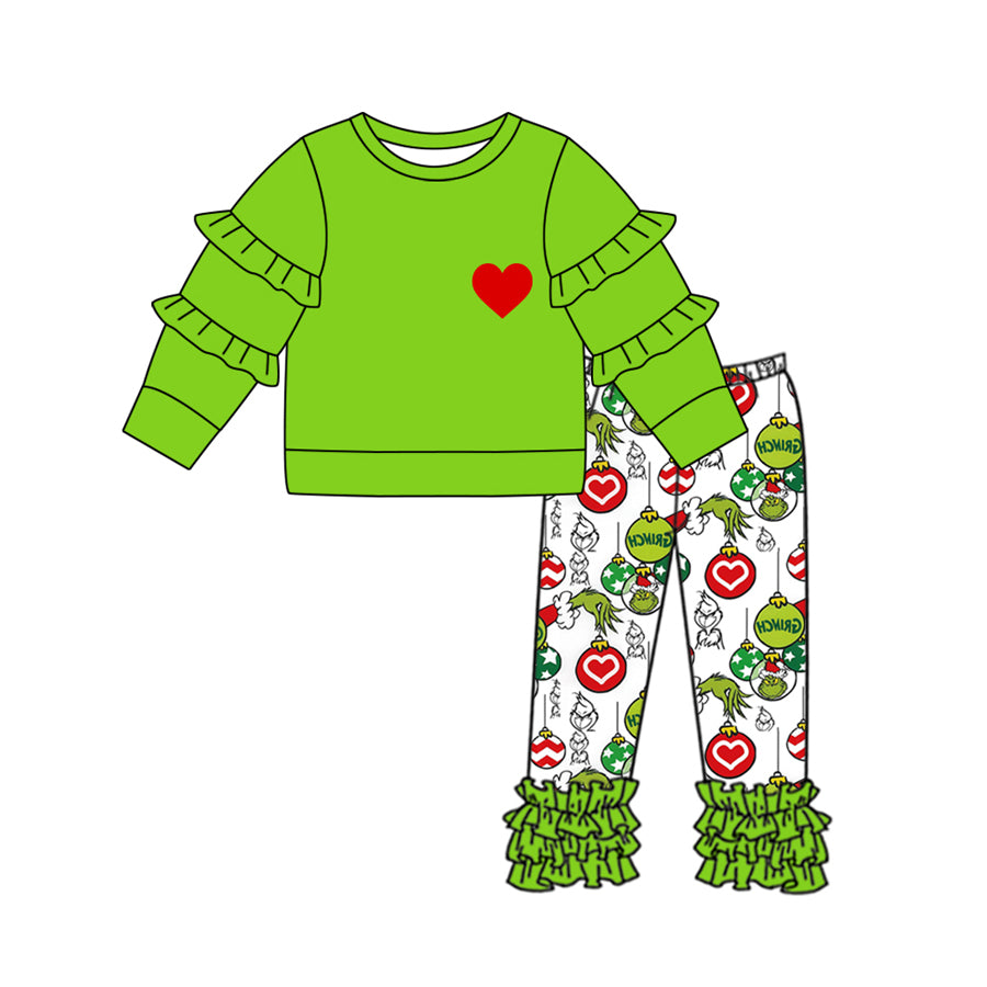 GLP2089 Christmas Light Ball Red Heart Green Lace Long Sleeve Pants Set