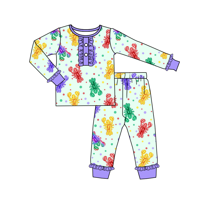 presale GLP2112 Mardi Gras Lobster Colorful Polka Dot Purple Lace Long Sleeve Long Pants Pajama Set 2024 9.25