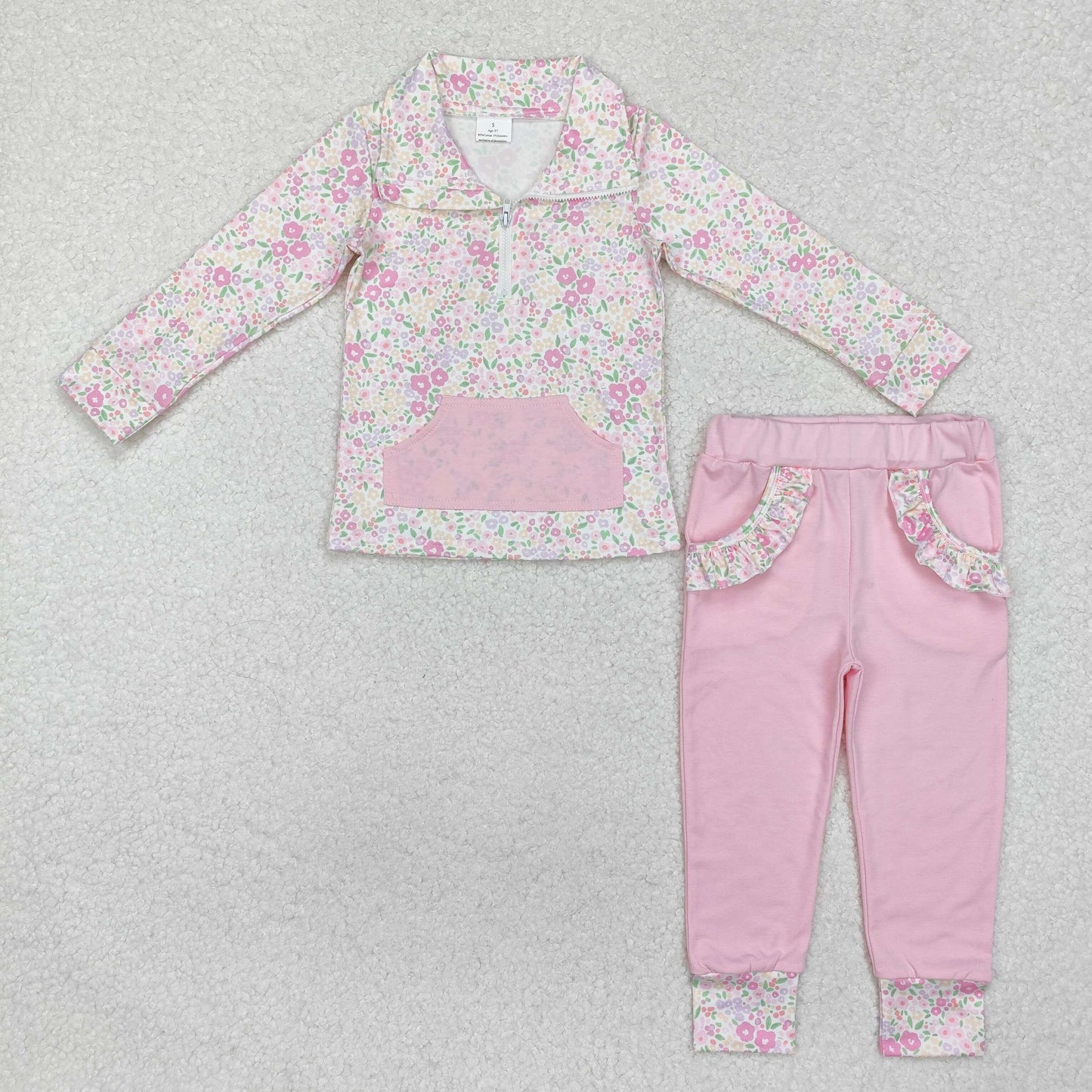 GLP2118 Floral Pink Pocket Zipper Long Sleeve Pants Set