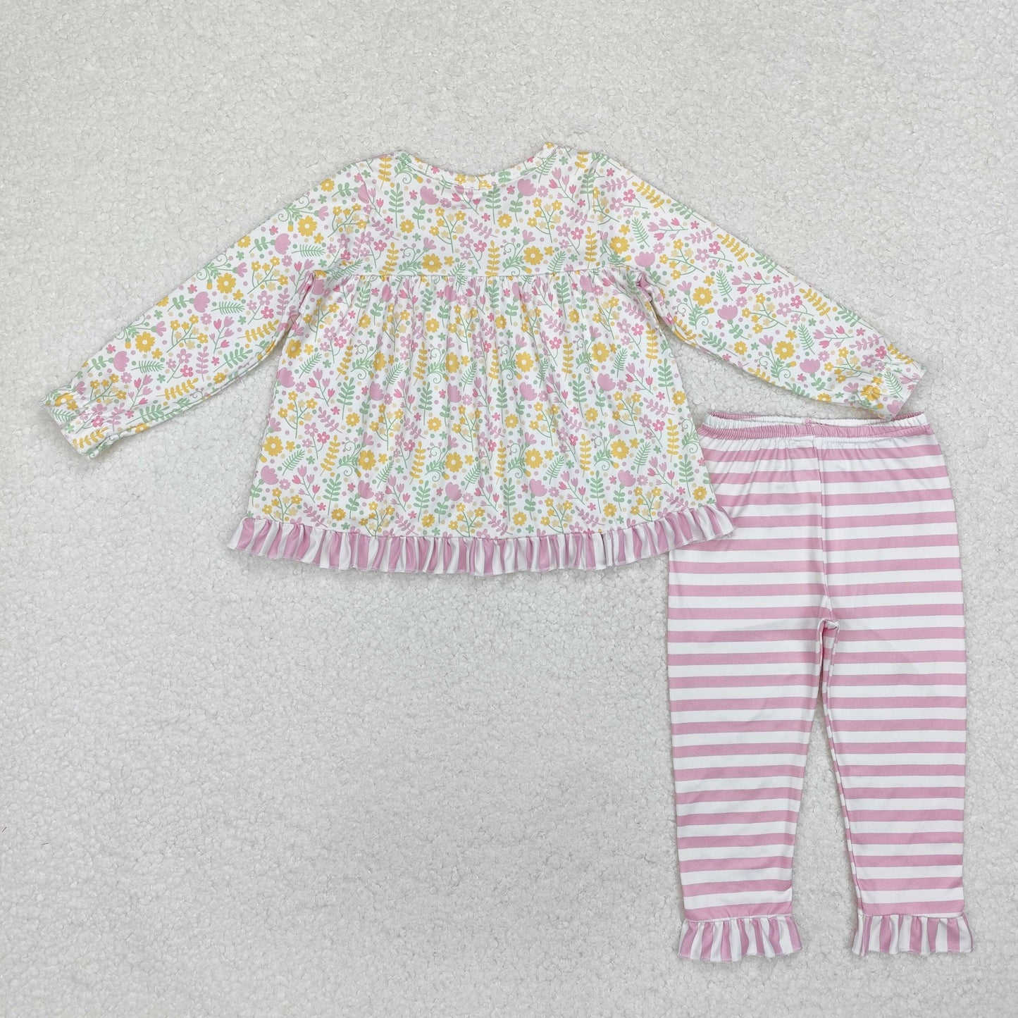 GLP2119 Flower and Leaf Lace Long Sleeve Pink Striped Trousers Set