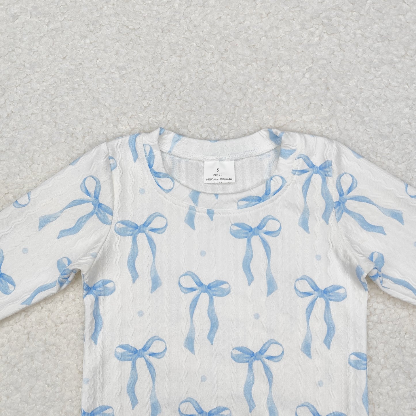GLP2143 Baby Girls Blue Bows Cable Print Shirt Bell Pants Clothes Sets