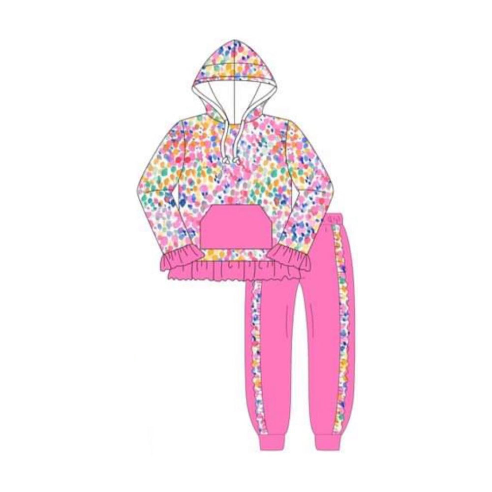 GLP2151 Colorful Watercolor Pattern Rose Red Lace Pocket Hooded Long Sleeve Pants Set D 6.18