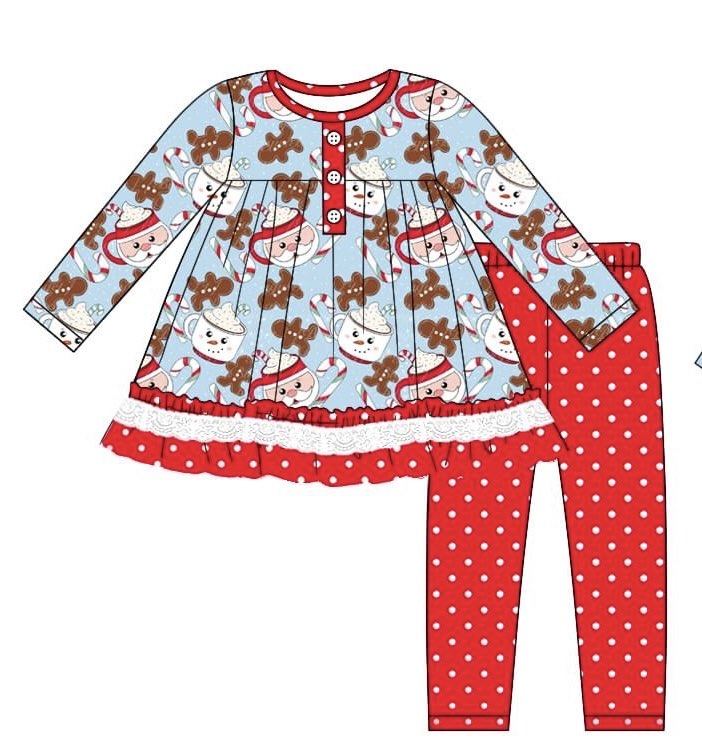 presale GLP2162 Santa Claus Cup Gingerbread Man Lace Polka Dot Red Lace Blue Long Sleeve Pants Set 2024 10.8