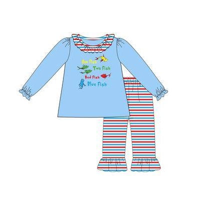 presale GLP2176 Blue long-sleeved striped trousers suit with lettering lace 2024 10.10