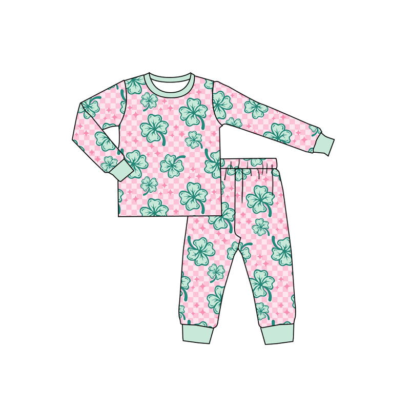 GLP2192 Four-leaf Clover Pink Plaid Green Trim Long Sleeve Long Pants Pajama Set