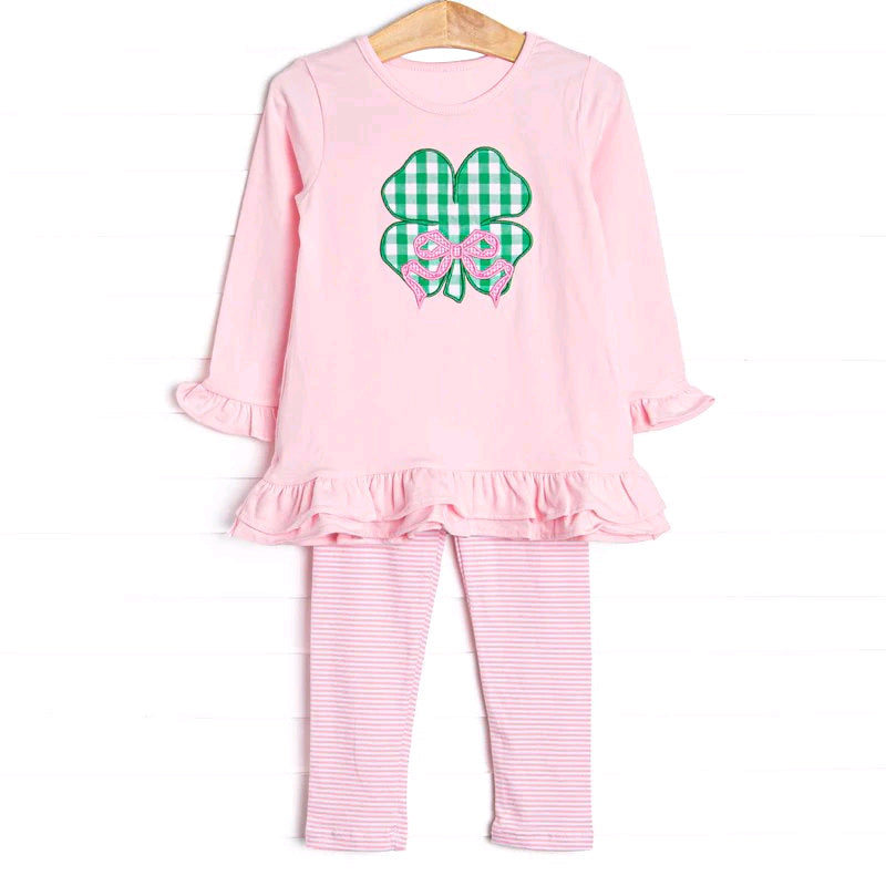 presale GLP2210 Four-leaf clover bow pattern pink lace long-sleeved striped trousers suit D 1025
