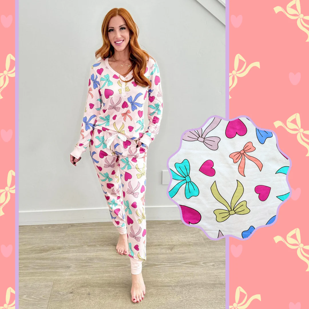 GLP2275 Adult Women Valentine's Day Love Colorful Bow Pattern Pink Long Sleeve Long Pants Pajama Set