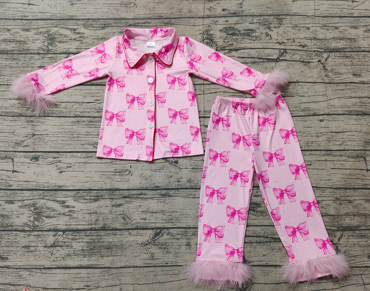 GLP2289 Pink long-sleeved and long-pants pajama set with bow pattern and plush trim