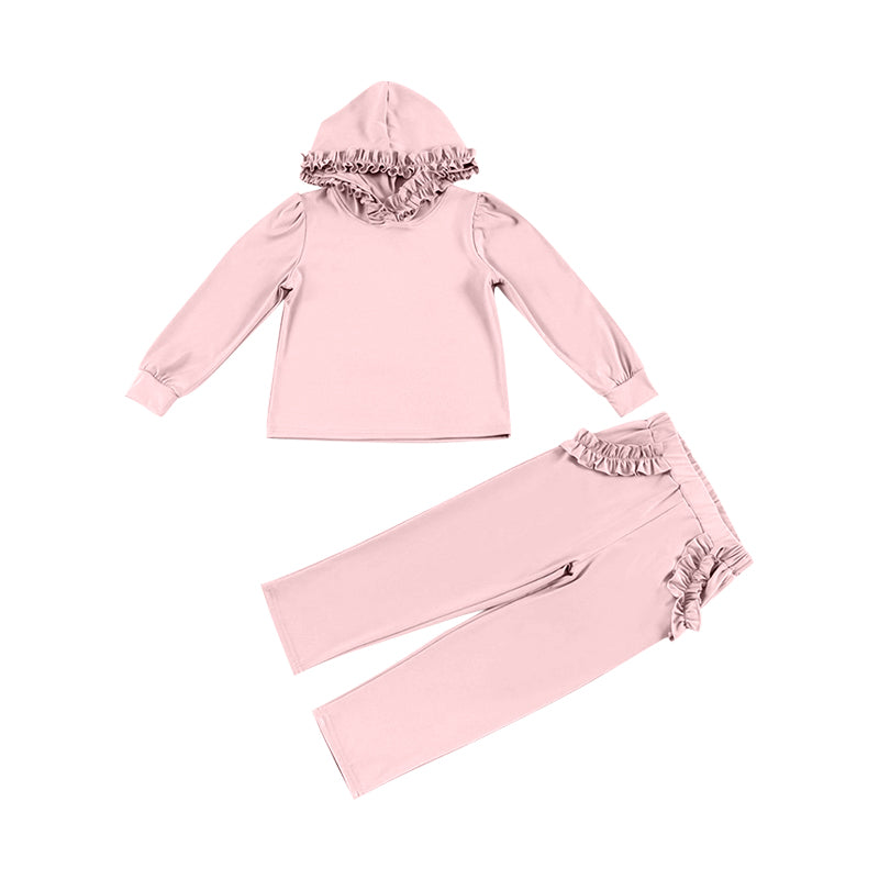 presale GLP2307 Solid Light Pink Lace Hooded Long Sleeve Straight Trousers Set 2024 12.7