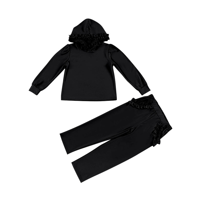 presale GLP2309 Solid Black Lace Hooded Long Sleeve Straight Trousers Set 2024 12.9
