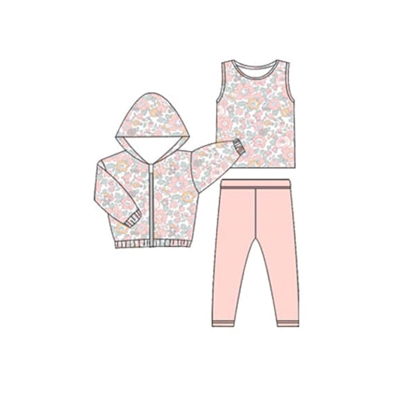GLP2313 Beige flower and leaf zipper hooded jacket vest pink trousers three-piece suit