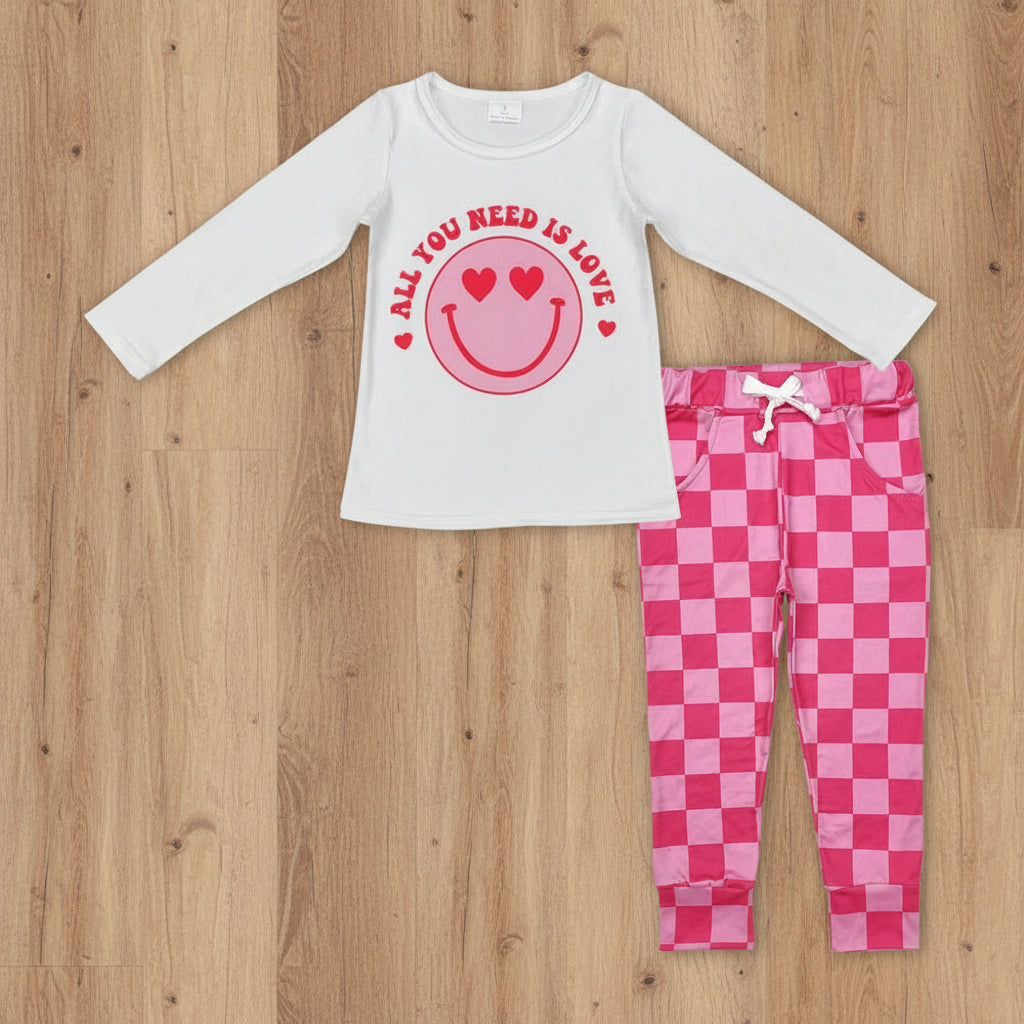 heart smile pink checkered pants set girl valentine outfit