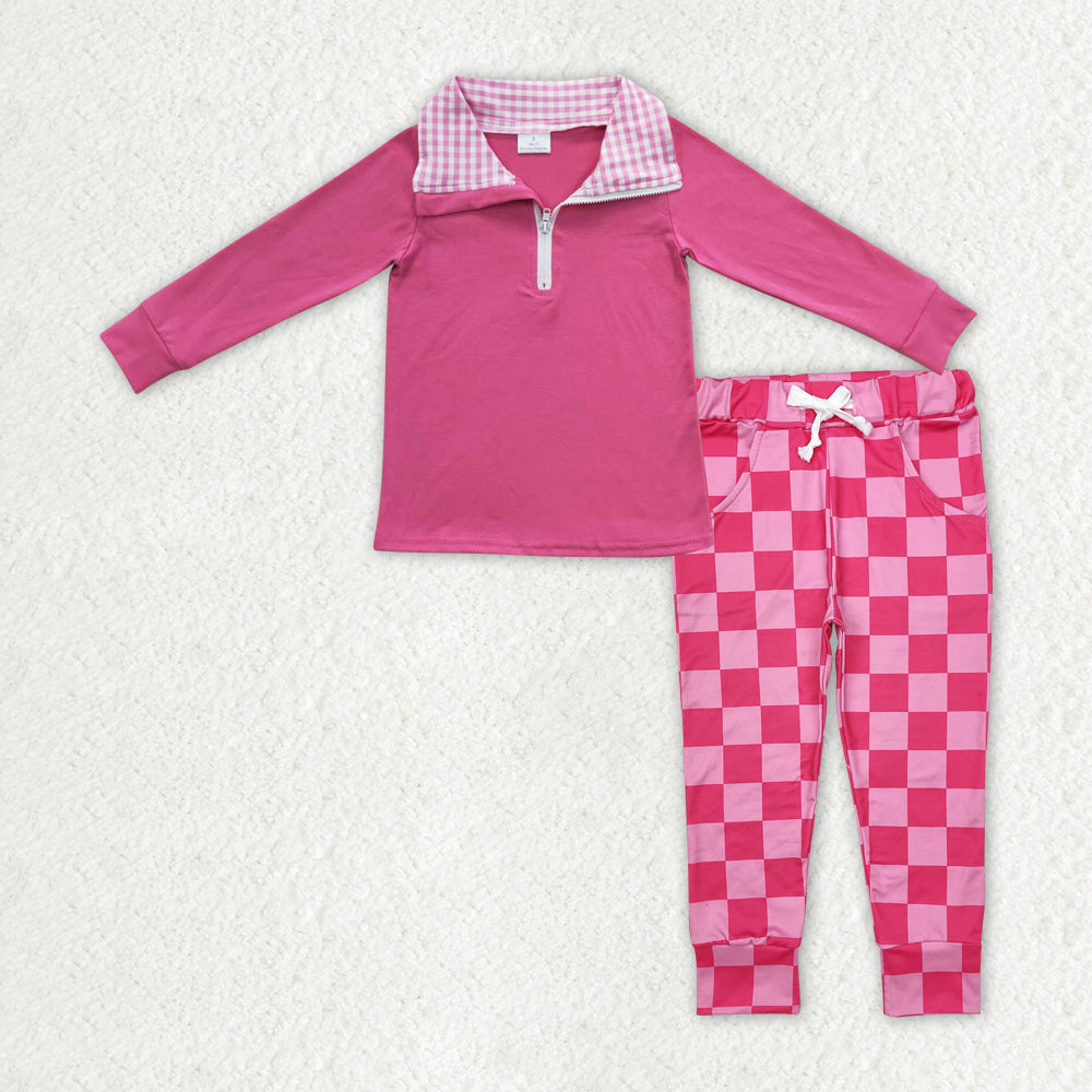 GLP2318 Baby Girls Pink Pullovers Top Checkered Pants Clothes Sets
