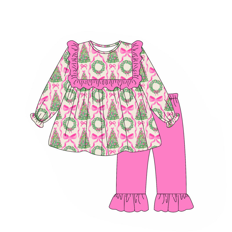 GLP2339 Baby Girls Long Sleeves Trees Bows Tunic Ruffle Pant Set D 7.5