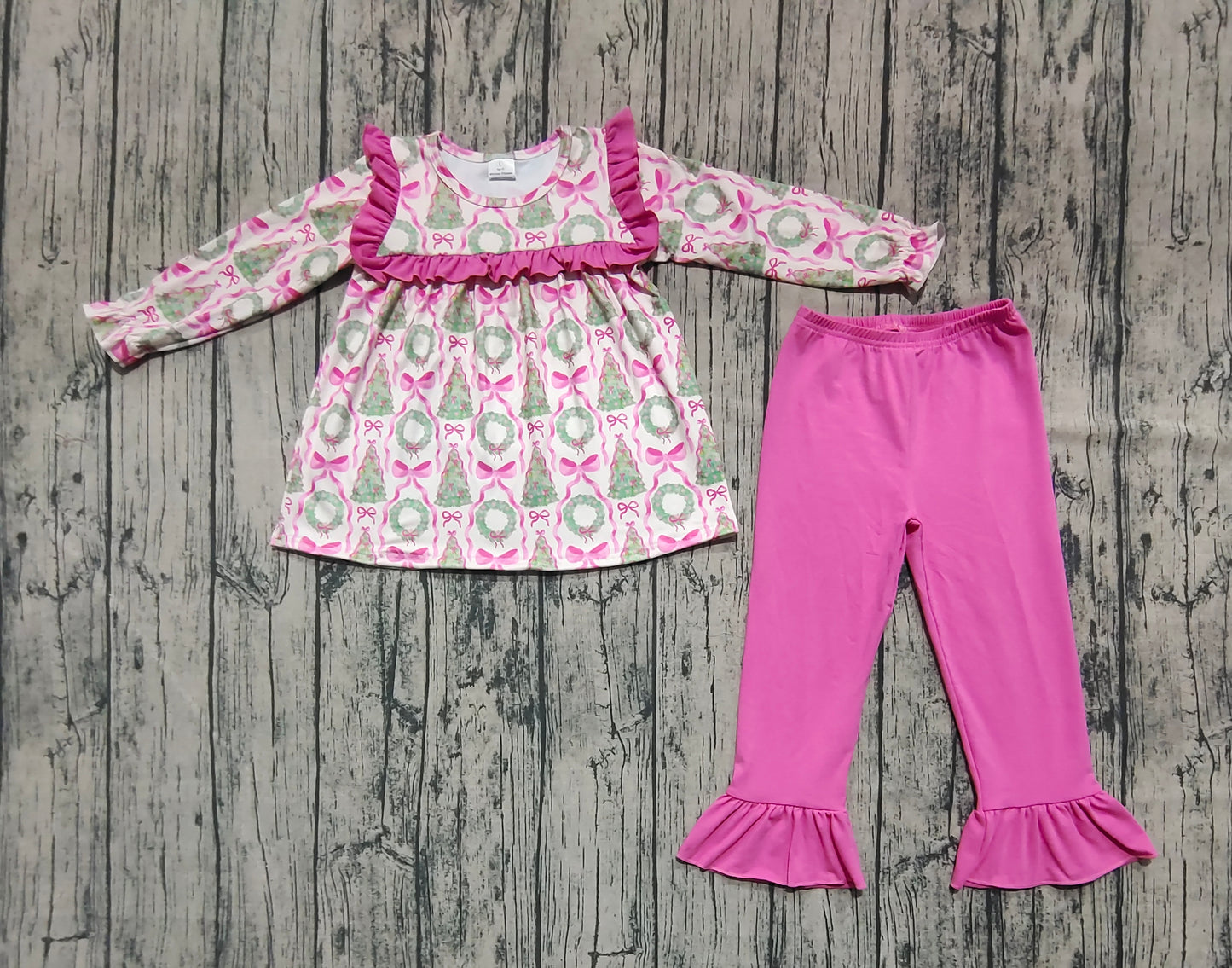 GLP2339 Baby Girls Long Sleeves Trees Bows Tunic Ruffle Pant Set D 7.5