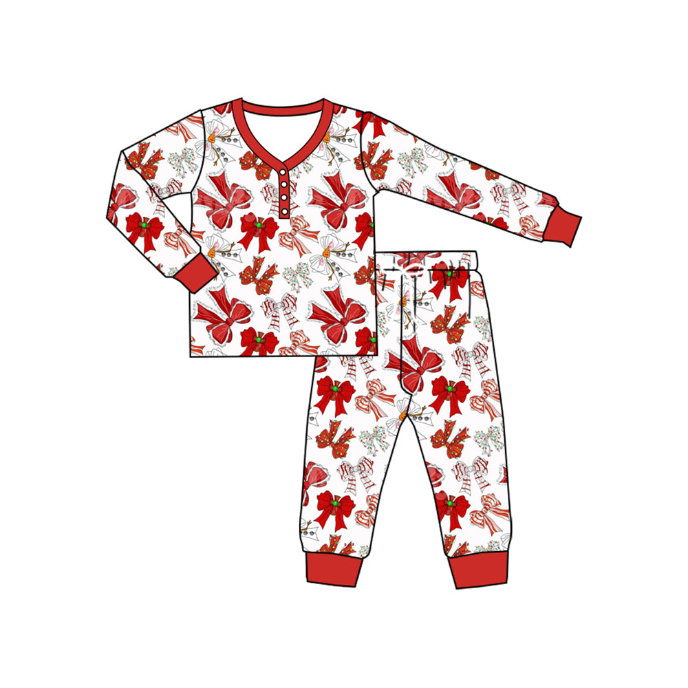 presale GLP2343 Adult Women Long Sleeves Red Bows Button Top Pant Pajamas Set D 5.14