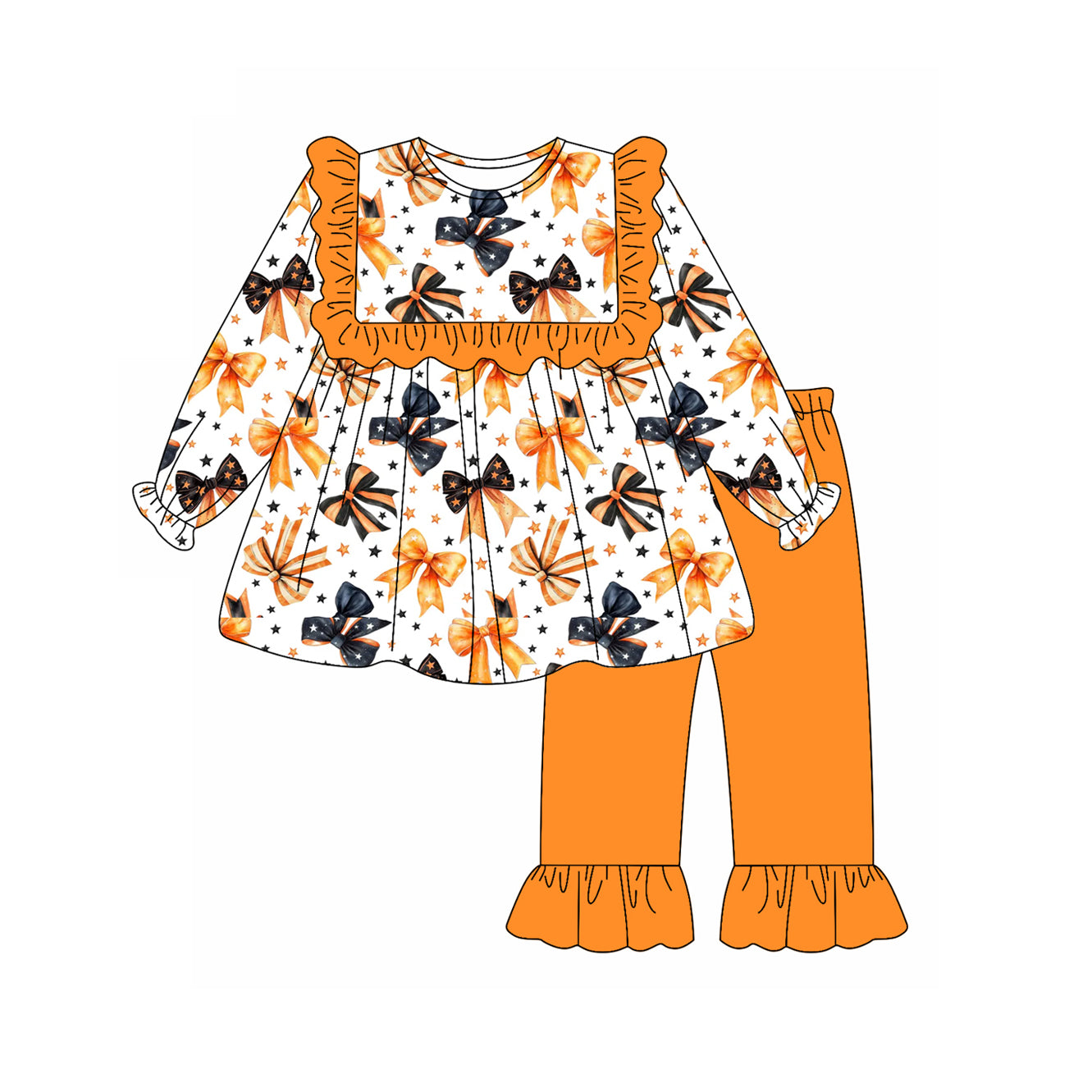 GLP2344 Baby Girls Long Sleeves Colorful Bows Stars Tunic Ruffle Pant Set D 7.12
