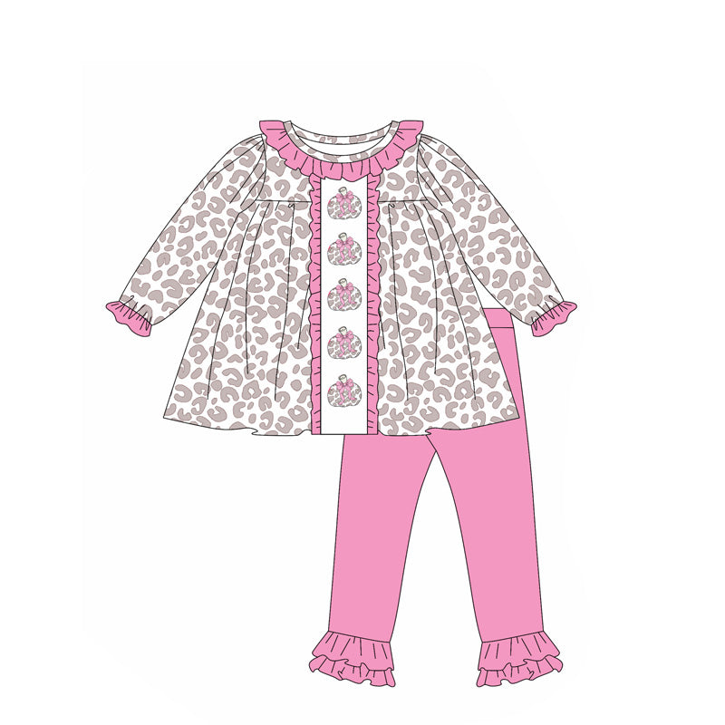 GLP2353 Embroidery Pumpkins Baby Girls Pink Leopard Tunic Ruffle Pants Fall Set D 7.8