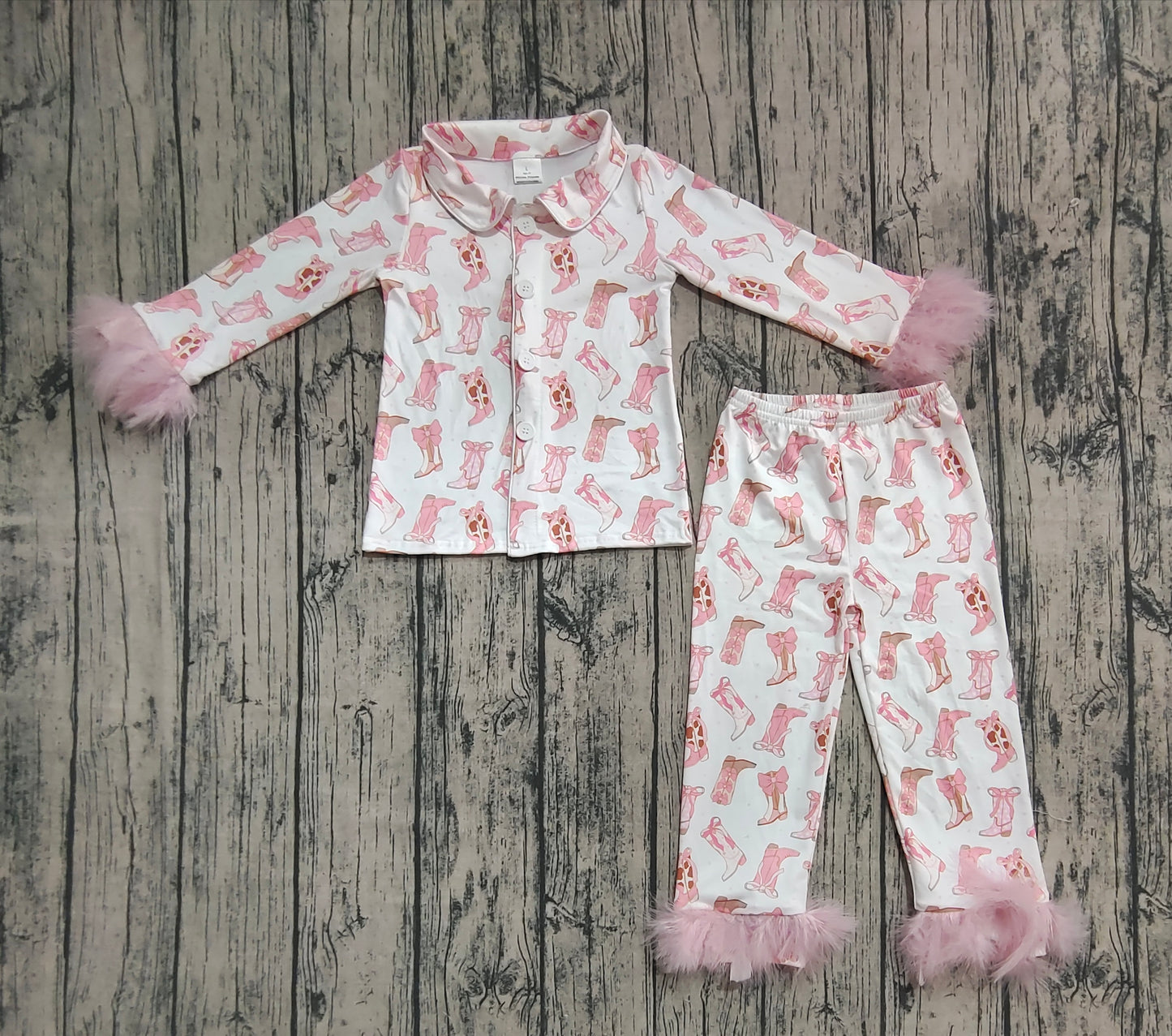 presale GLP2359 Pink fur long sleeves boots bow girls button down pajamas D 6.24