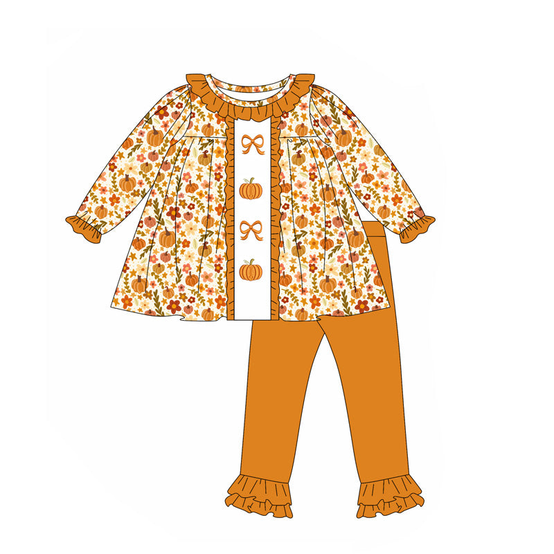 GLP2361 Embroidery Baby Girls Fall Flowers Bows Pumpkins Tunic Ruffle Pants Sets D 6.24