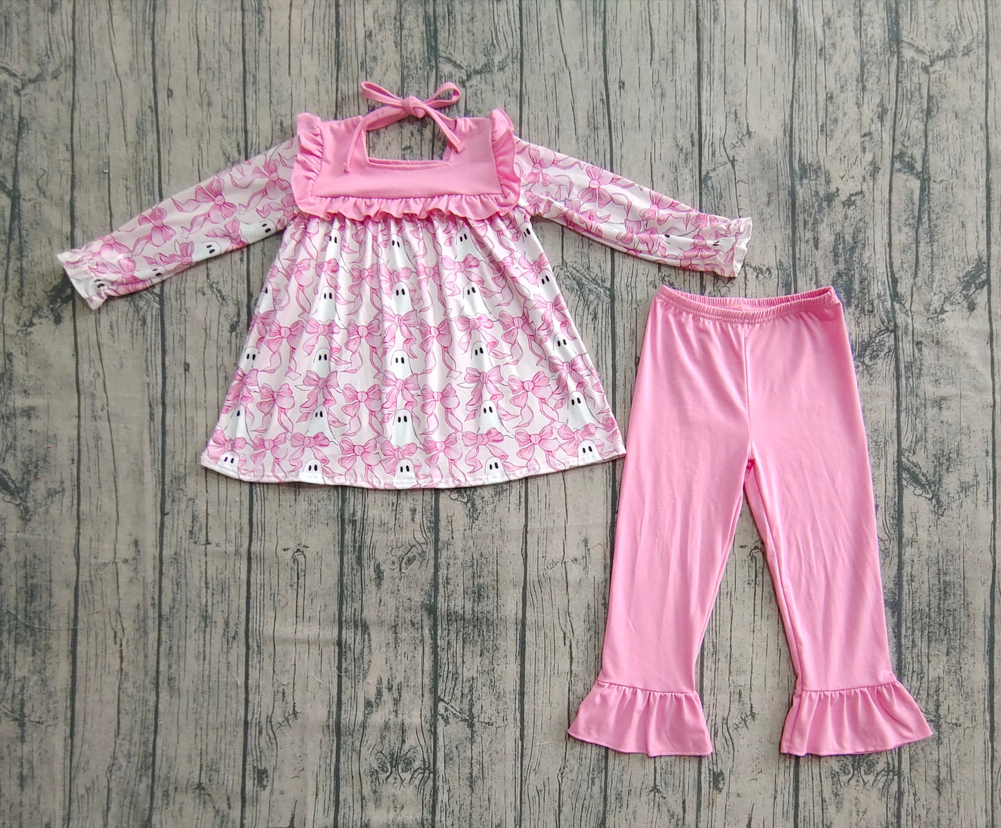 GLP2362 Baby Girls Halloween Ghost Bow Pattern Pink Lace Tie Long Sleeve Pants Set D 7.14