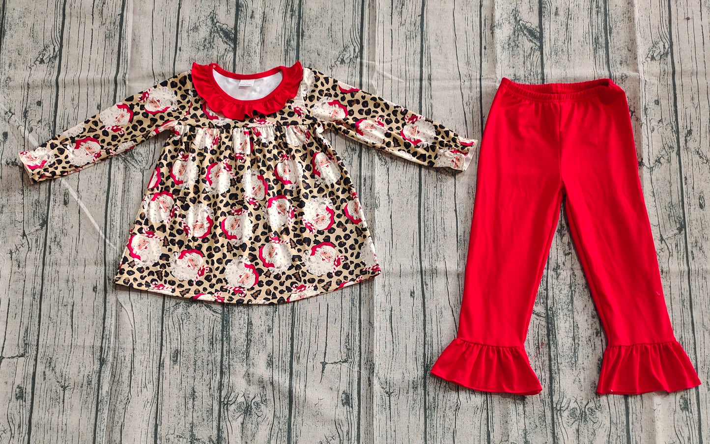 presale GLP2369 Baby Girls Long Sleeves Leopard Santa Tunic Ruffle Pants Set D 5.26