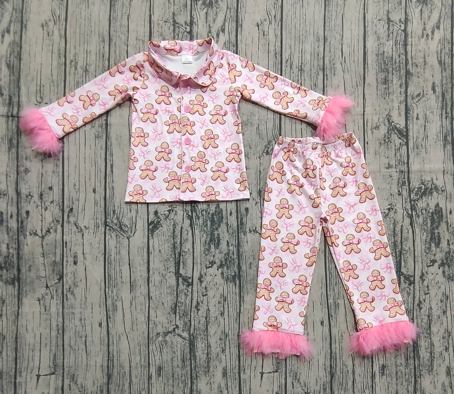 GLP2374 Baby Girls Pink Fur Sleeves Bows Gingerbread Button Top Pants Christmas Pajamas Set D 1018