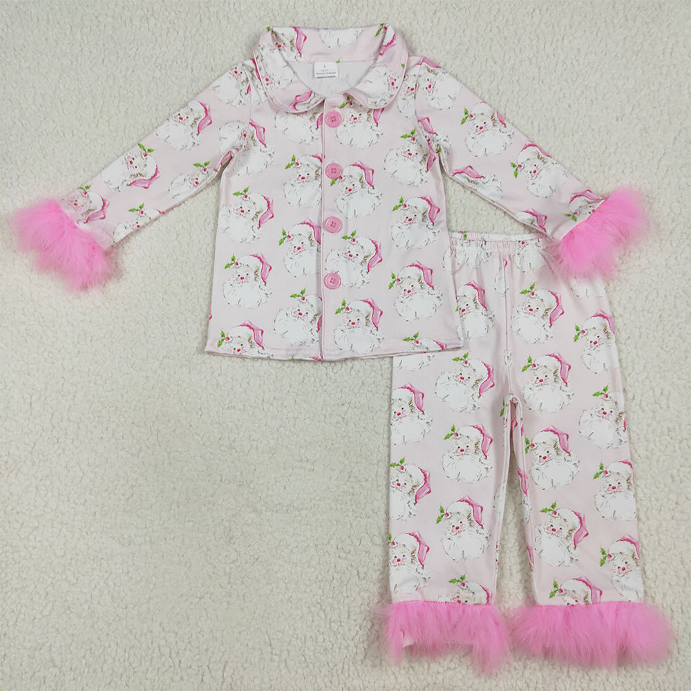 GLP2376 Baby Girls Pink Long Sleeves With Fur Santa Button Top Pants Pajamas Set