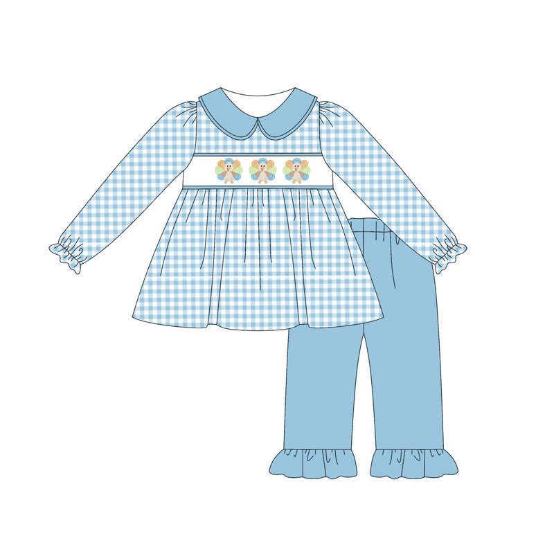 presale GLP2386 Baby Girls Blue Long Sleeves Turkey Tunic Ruffle Pants Clothes Set D 5.23