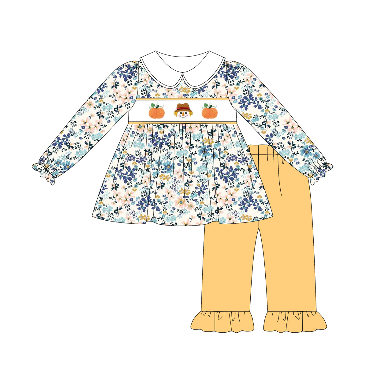 presale GLP2387 Baby Girls Long Sleeves Pumpkins Floral Tunic Yellow Ruffle Pant Clothes Set D 5.23