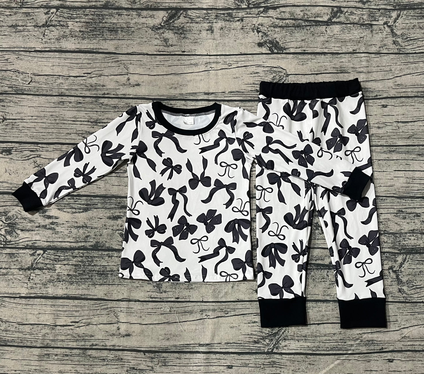 GLP2395 Baby Girls Long Sleeves Black Bows Top Pant Pajamas Set D 5.24