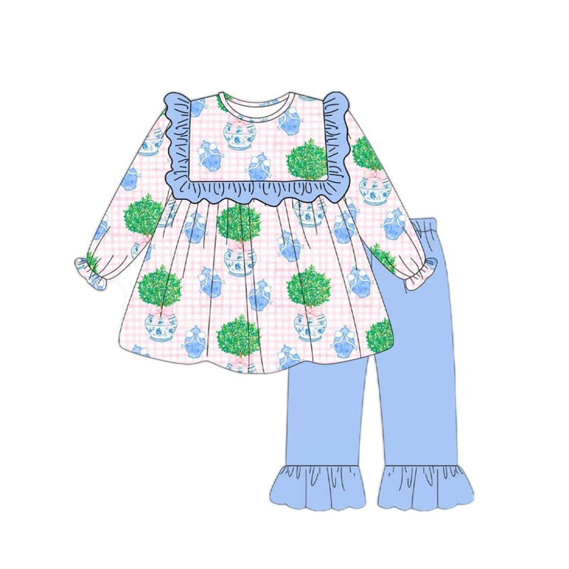 GLP2396 Baby Girls Pink Plaid Long Sleeves Plants Tunic Blue Ruffle Pant Set D 8.2