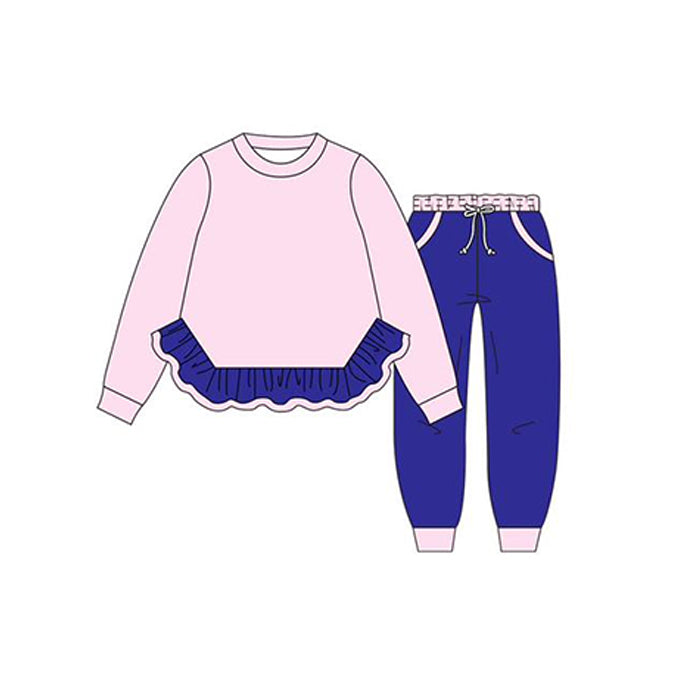 GLP2401 Baby Girls Light Pink Long Sleeves Ruffle Top Purple Pockets Legging Pant Set D 902
