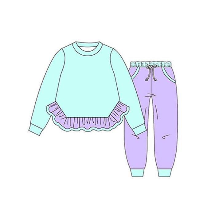 presale GLP2402 Baby Girls Aqua Long Sleeves Ruffle Top Lavender Pockets Legging Pant Set D 7.14