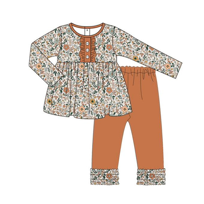 GLP2404 Baby Girls Long Sleeves Orange Floral Button Tunic Ruffle Pant Set D 7.8