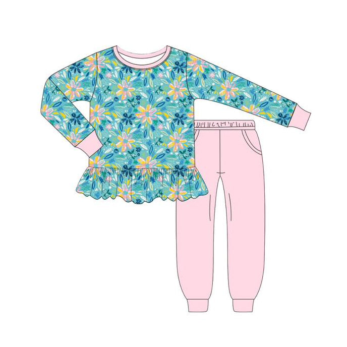 presale GLP2405 Baby Girls Long Sleeves Watercolor Floral Tunic Pink Pocket Legging Pant Set D 5.29