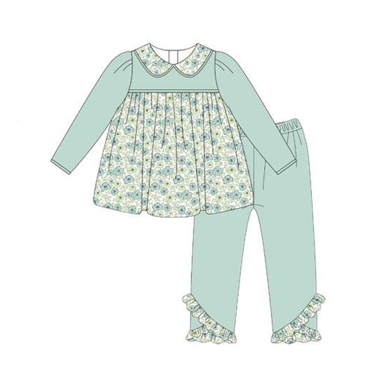 GLP2407 Baby Girls Aqua Long Sleeves Floral Tunic Ruffle Pant Set D 7.5