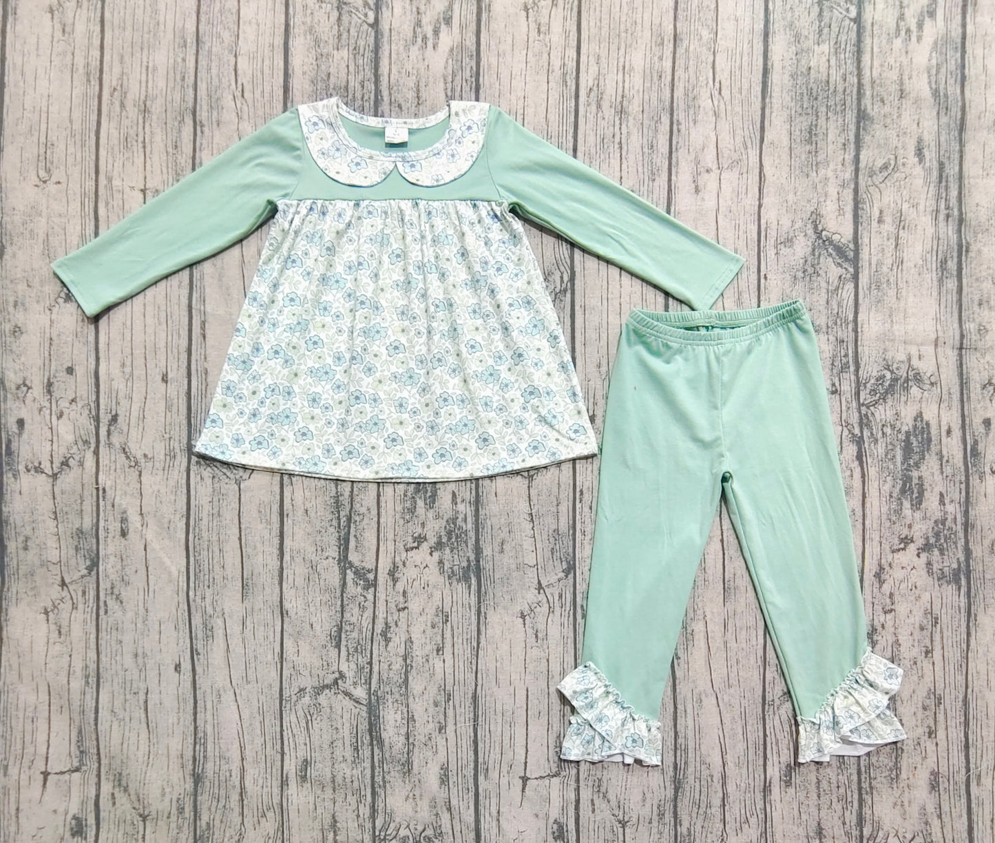 GLP2407 Baby Girls Aqua Long Sleeves Floral Tunic Ruffle Pant Set D 7.5