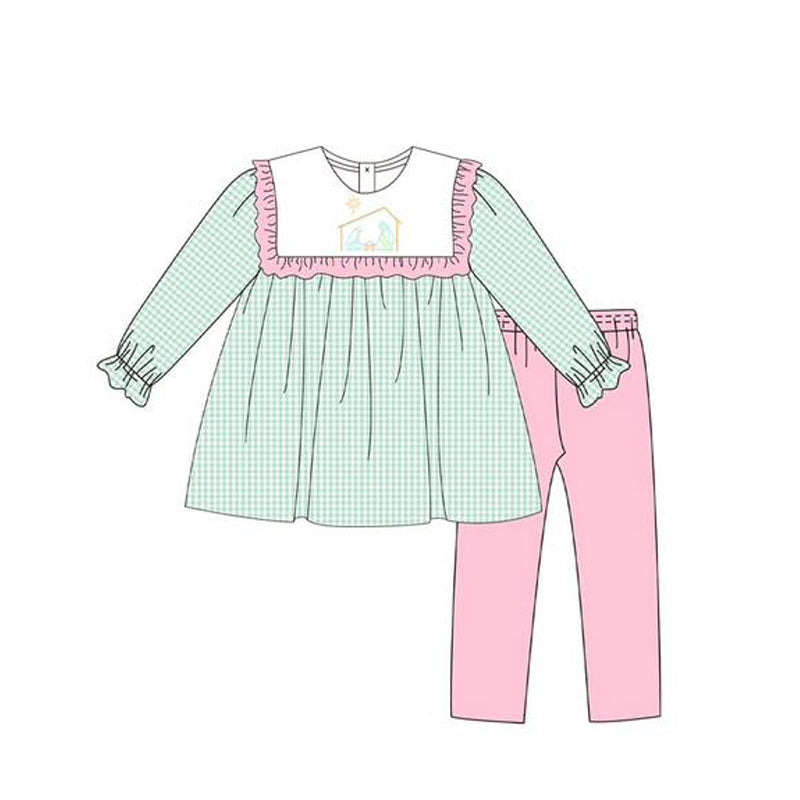 GLP2410 Baby Girls Blue Christmas Nativity Jesus Tunic Pink Legging Pants Sets D 7.14