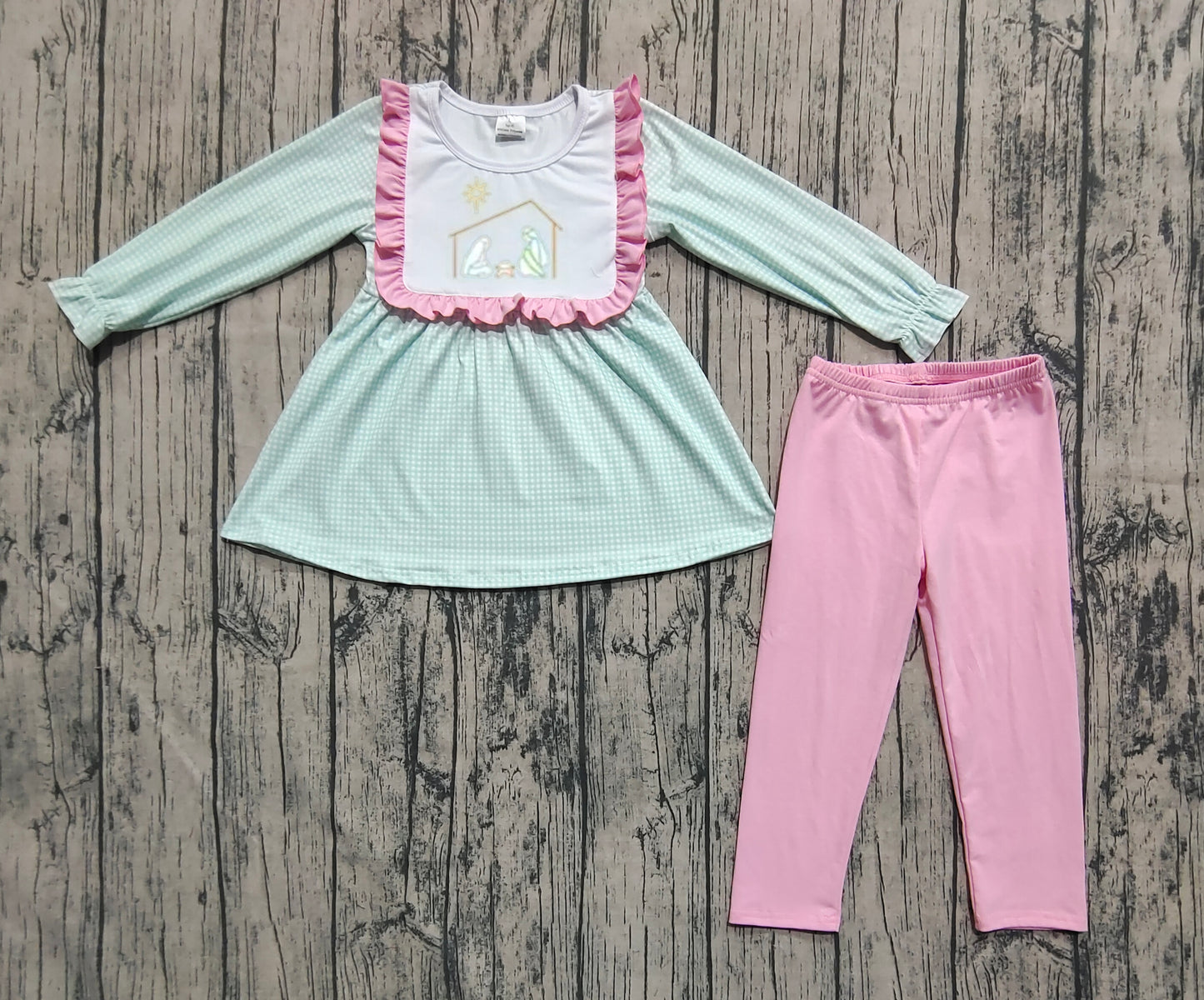 GLP2410 Baby Girls Blue Christmas Nativity Jesus Tunic Pink Legging Pants Sets D 7.14