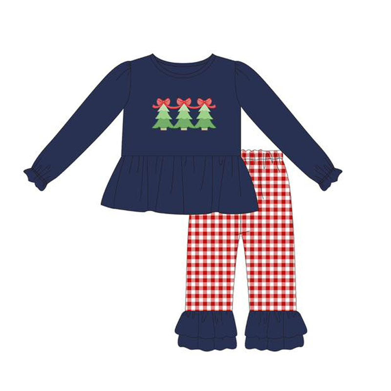 presale GLP2412 Baby Girls Navy Long Ruffle Sleeves Bows Trees Tunic Red Plaid Pant Set D 5.29