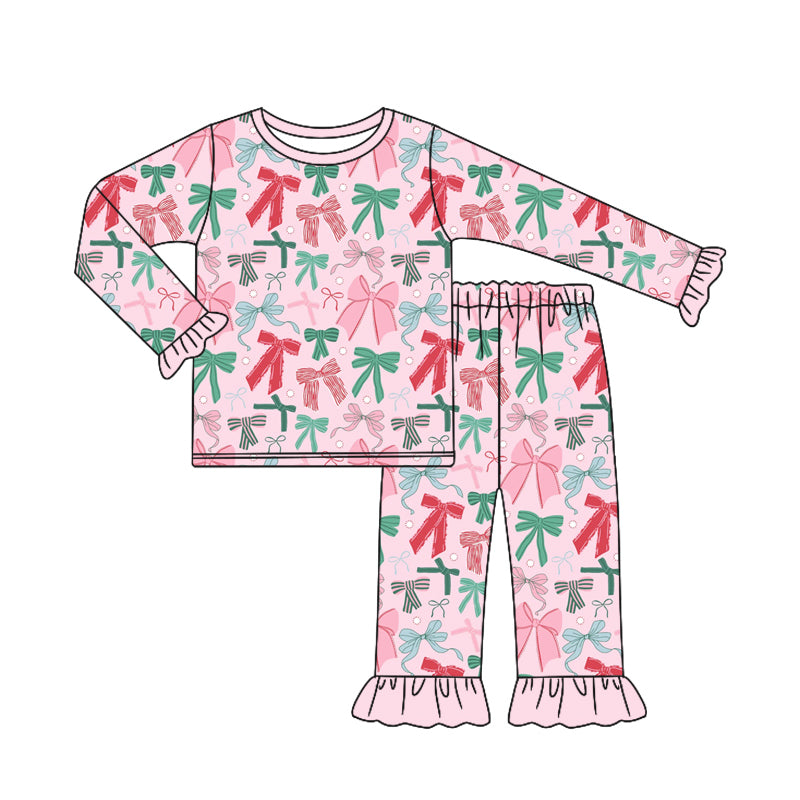 GLP2413 Baby Girls Pink Long Ruffle Sleeves Colorful Bows Top Pant Pajamas Set D 6.24