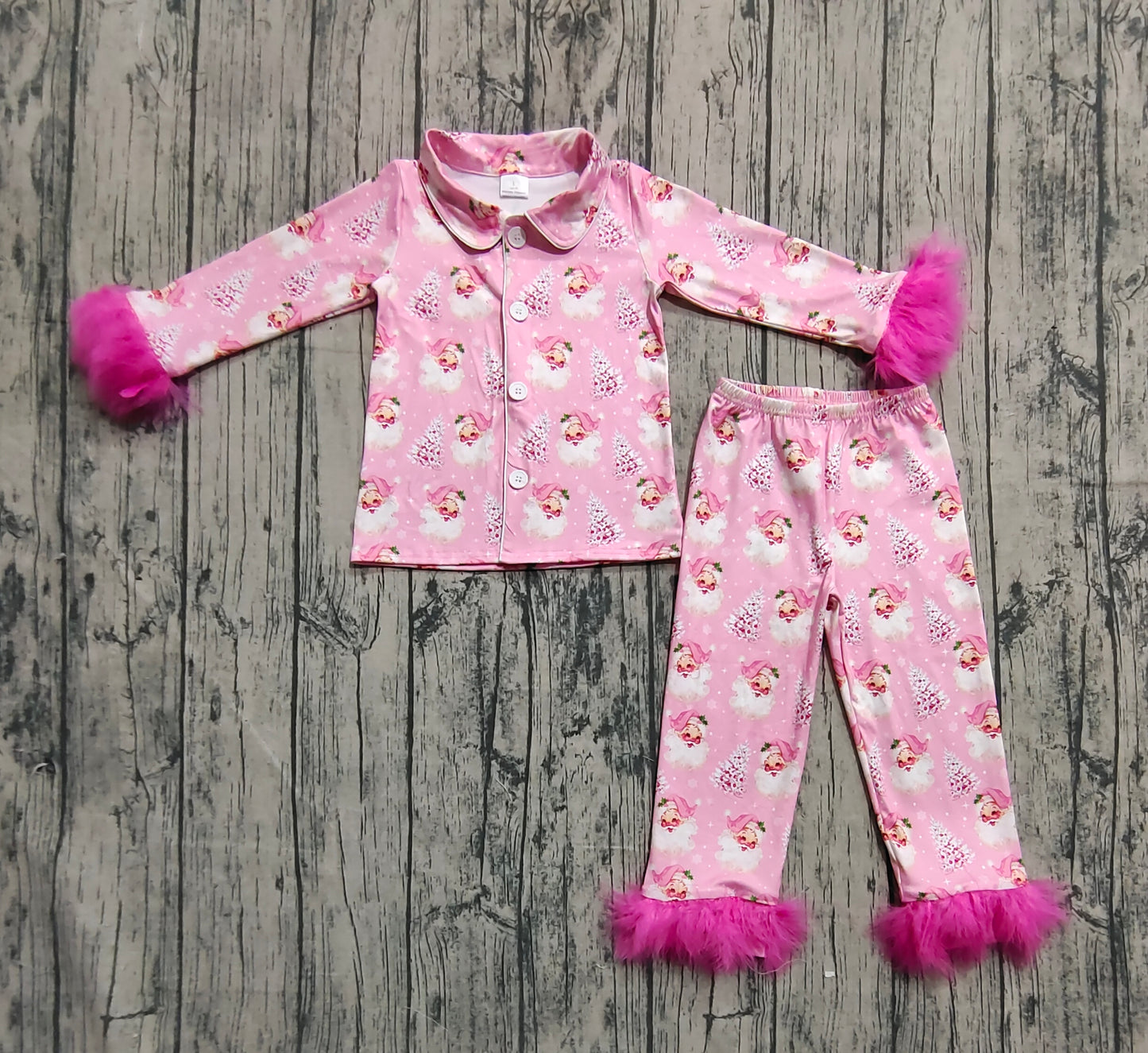 GLP2424 Baby Girls Pink Long Sleeves With Fur Santa Trees Button Top Pant Pajamas Set D 1020