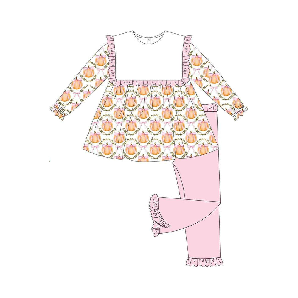 GLP2427 Baby Girls Long Ruffle Sleeves Pumpkins Bows Plaid Tunic Flame Pant Set D 822