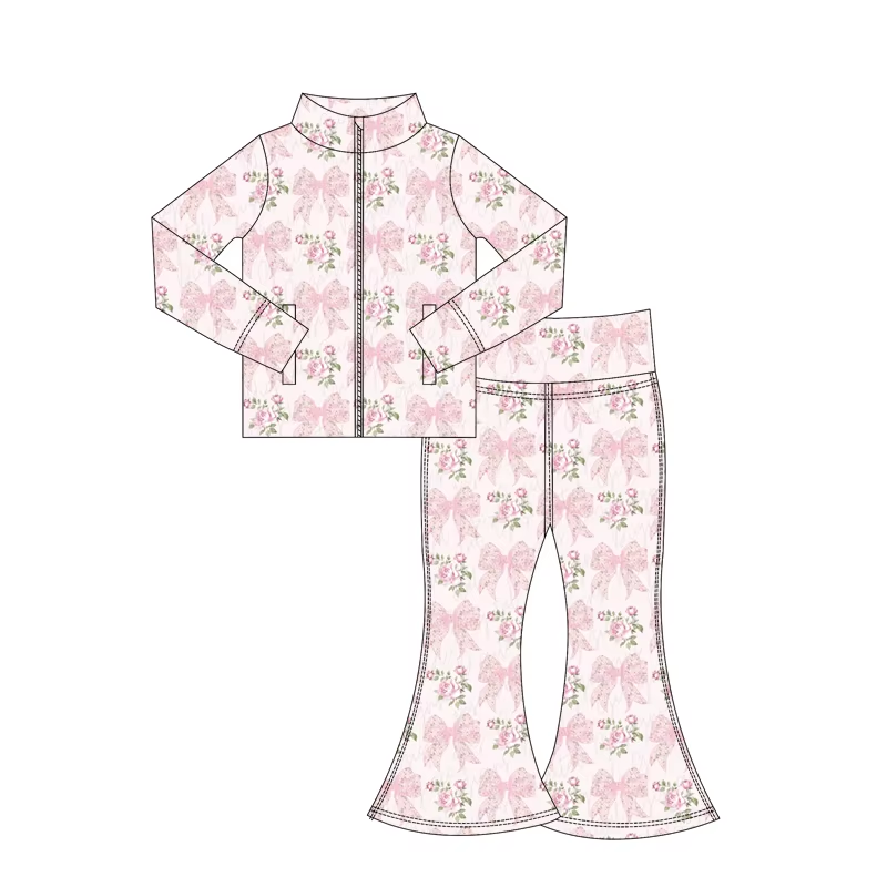 presale GLP2429 Baby Girls Pink Floral Bows Pockets Zipper Top Bell Bottom Pant Yoga Set D 6.3