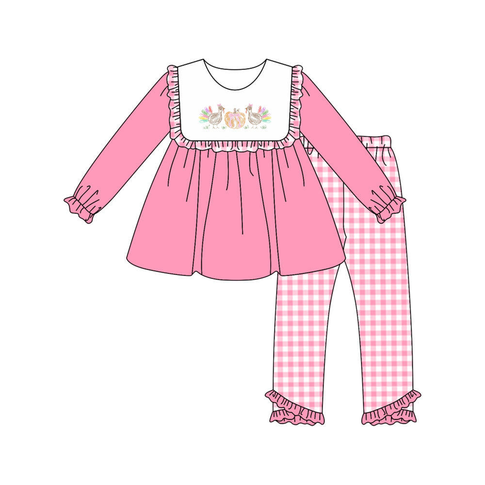 presale GLP2432 Baby Girls Pink Long Sleeves Turkey Pumpkins Tunic Plaid Ruffle Pant Set D 6.3