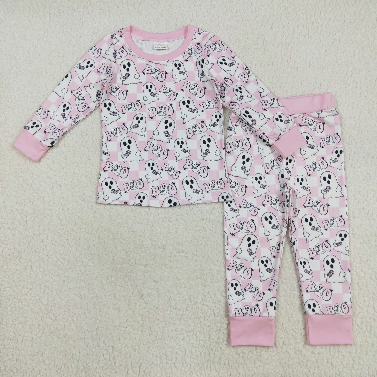 GLP2433 Baby Girls Pink Plaid Long Sleeves Ghost BOO Top Pant Pajamas Set