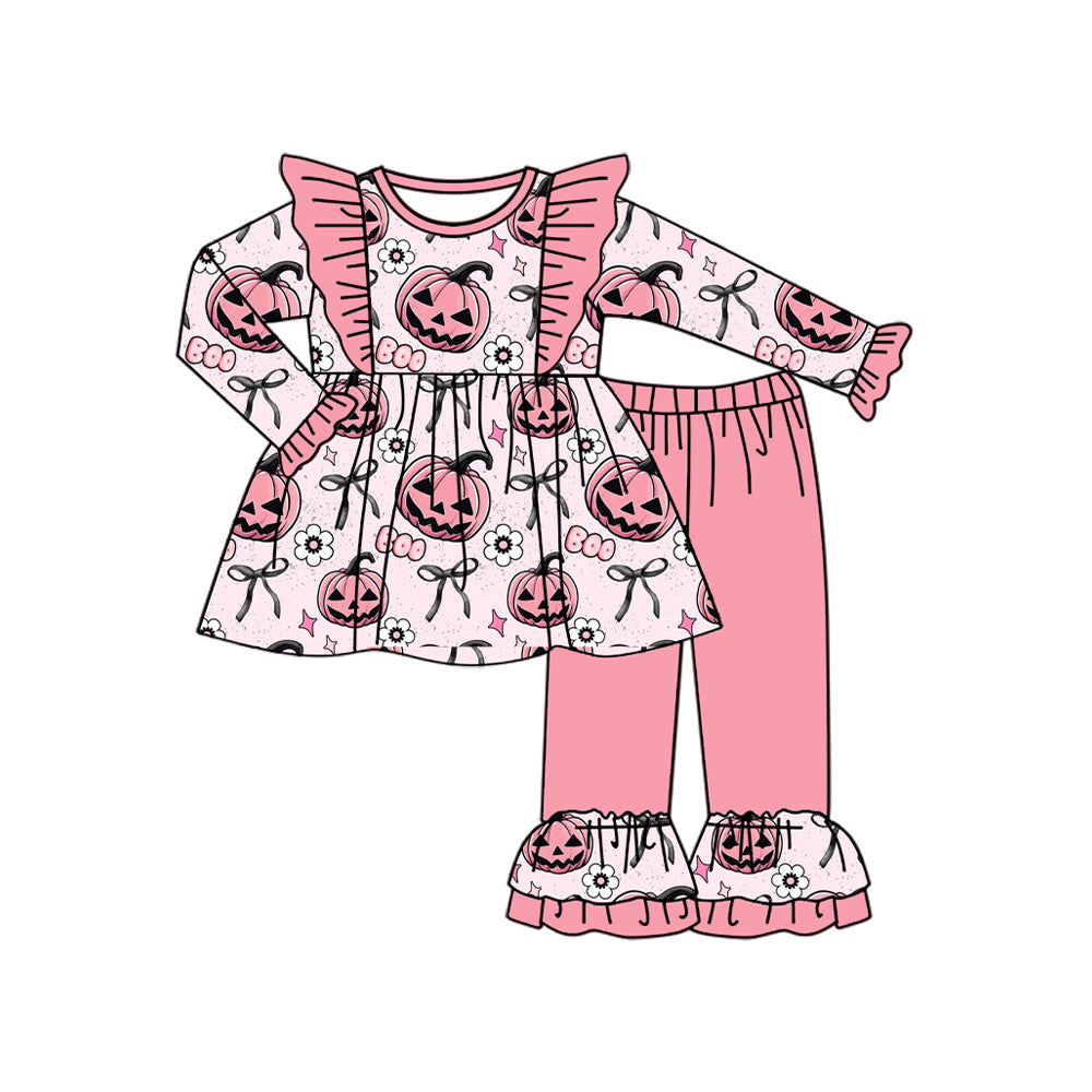 presale GLP2434 Baby Girls Pink Long Sleeves Ghost Pumpkins Flowers Tunic Ruffle Pant Set D 6.3